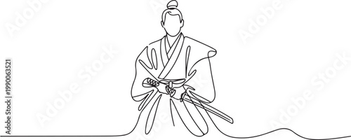 Hand drawn continuous line illustration of a Japanese man wearing a traditional kimono and sword. one line art icon drawing vector