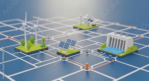 Sustainable energy grid with solar panels.