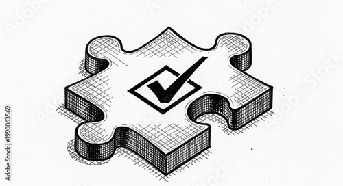 Puzzle piece with a check mark symbol for completion and success.