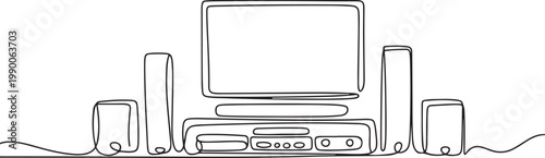 home theater with stereo audio system speaker. Electricity living room gadget concept. one line art icon drawing vector