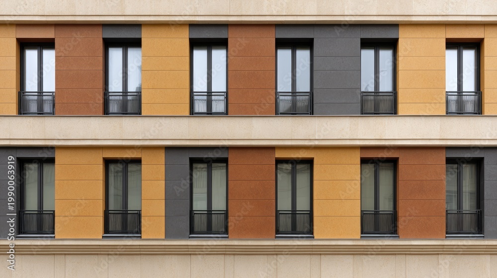 Fototapeta premium Modern Building Facade with Colorful Vertical Stripes and Repetitive Windows in Urban Setting