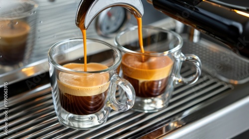 Espresso Extraction Process in Modern Coffee Machine with Two Glass Cups Filled with Rich Creamy Coffee