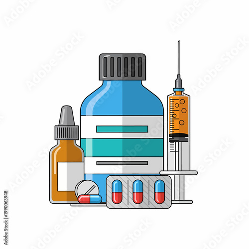 Medical illustration of medicine bottles syringe and capsules for healthcare and pharmacy concept