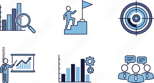 Business Growth and Marketing Strategy Icon Set Featuring Bar Charts Target Goal Achievement Leadership and Teamwork Symbols for Corporate Success and Financial Analysis