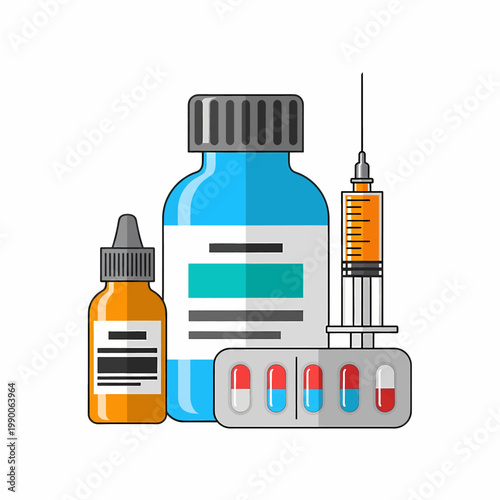 Medical illustration of medicine bottles syringe and capsules for healthcare and pharmacy concept