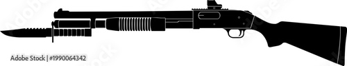 Tactical shotgun silhouette with optic sight and bayonet illustration