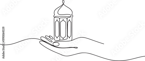 Continuous one line drawing hand holding Ramadan lantern. one line art icon drawing vector