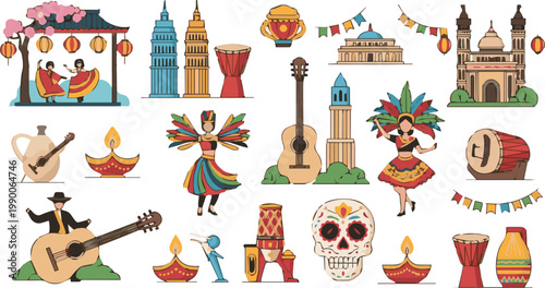 Vibrant cultural celebration with iconic landmarks and musical instruments on display outdoors