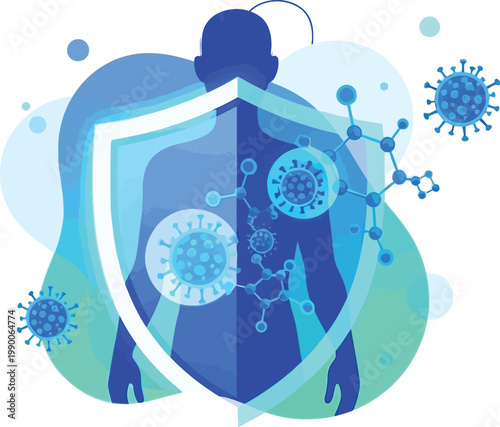 Immune System Protection: A symbolic representation of the human immune system, featuring a shield protecting a silhouetted figure from invading viruses and molecular structures.