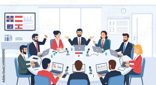 Boardroom Collaboration: A group of professionals engages in a dynamic meeting around a circular table, fostering collaboration and strategic discussion.