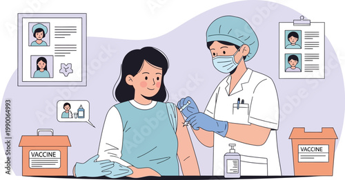 Vaccination illustration: a health care professional administers a vaccine injection to patient in a clinical setting.