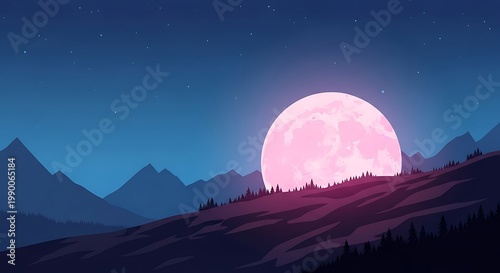 Serene night landscape with a giant pink moon over forest hills