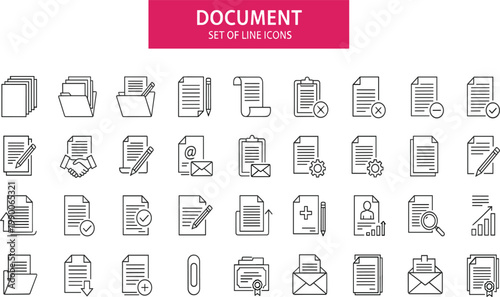 Document and Paperwork Line Icon Set Featuring Folders Contracts Certificates and File Management Symbols for Business Administration Office and Legal Web Design