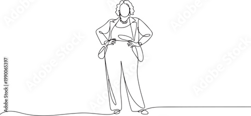 continuous line drawing of fashion fat woman.one line drawing of fat woman dressed in fashionable clothes hanging out. one line art icon drawing vector