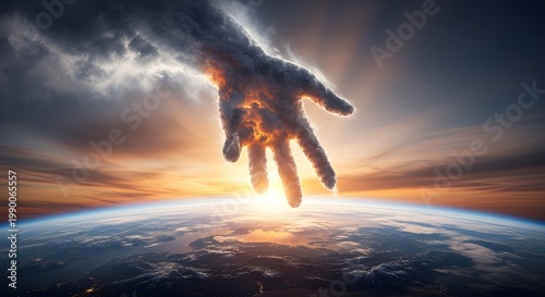 A giant hand reaching down from the dark sky towards the surface of the earth in a surreal scene