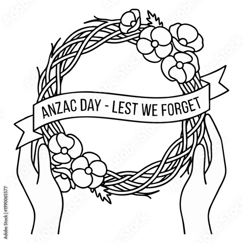 Decorative floral wreath with poppies being held by human hands to honor the solemn memory of anzac day soldiers everywhere