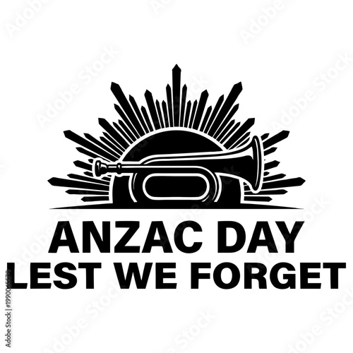 ANZAC Day remembrance illustration with a bugle and rising sun badge honoring Australian and New Zealand armed forces.