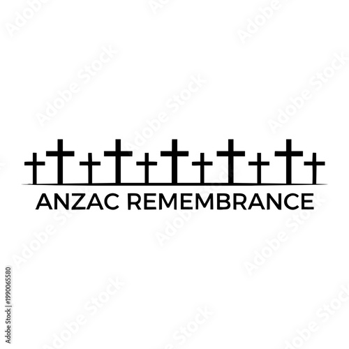 Black silhouette crosses lined up in a row representing the solemn annual anzac remembrance day for honoring fallen military soldiers