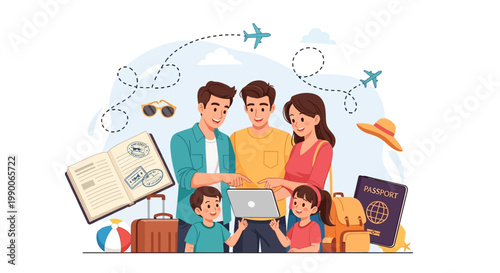 A family plans their early summer travel vacation booking using a laptop, surrounded by luggage and passports against a clean background, with a minimalist composition and cheerful mood