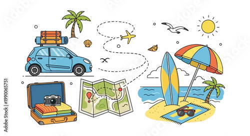 Illustrated vacation booking scene showing a car packed with luggage, a map marked with destinations, and a beach with a surfboard, conveying an early summer travel mood against a white