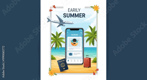 A travel app displayed on a smartphone screen showcases vacation booking for early summer, set against a beach backdrop with palm trees, suitcase, passport, and an airplane in the sky