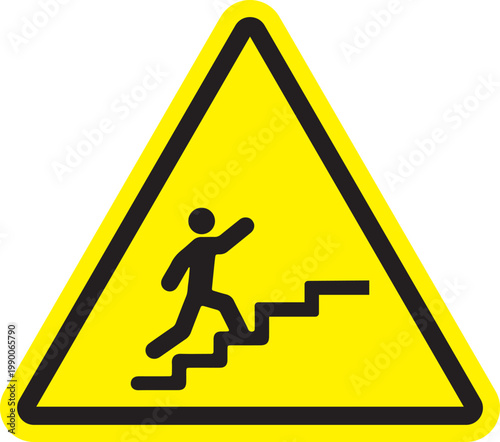 Cautionary yellow triangle sign with a person climbing stairs