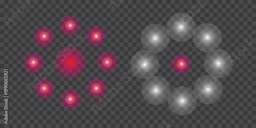 Realistic Glowing Light Flare Sparkle Effect Set in Red and White, Soft Bright Lens Glow Overlay Isolated on Transparent Background