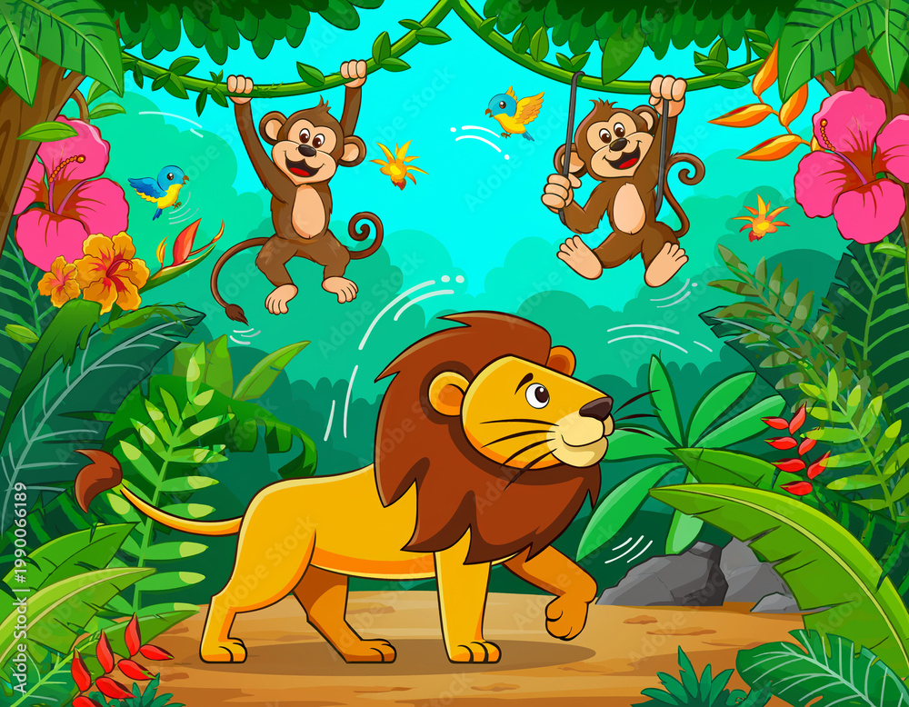 Naklejka premium Cute Cartoon Lion Walking in Tropical Jungle with Playful Monkeys