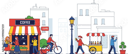 A bustling city street scene with people walking and a cyclist riding past a coffee shop and a hot dog cart.