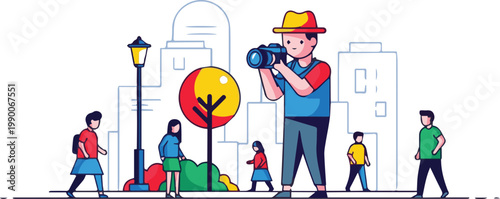 A man takes photos of people walking in a city with a camera and onlookers.