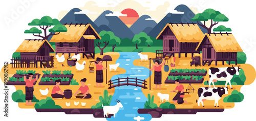 A serene farm scene with animals, people, plants, and buildings near a stream in a natural landscape.