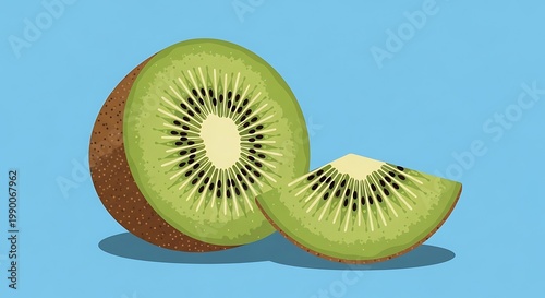 Fresh kiwi fruit illustration with slice on blue background