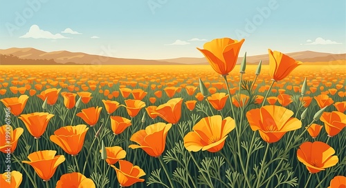 Vibrant Field of Orange Poppies with Distant Hills Illustration