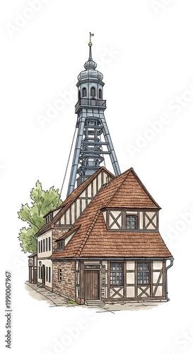 Hand drawn illustration of a traditional timber framed house and tower