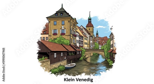 Illustration of historical European town by a scenic canal