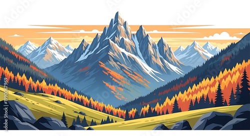 Majestic mountain peak illustration with vibrant autumn forest valley