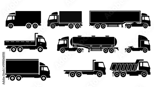 Truck Silhouette Icon Set – Cargo, Delivery, Transport, Logistics Vector Collection