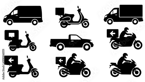 Delivery Service Icon Set – Courier, Scooter, Van, Motorbike, Logistics Silhouette Icons