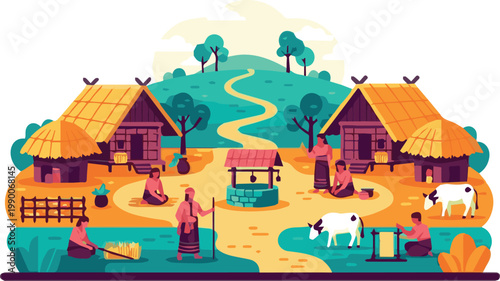 People live and work in a rural village with animals and houses