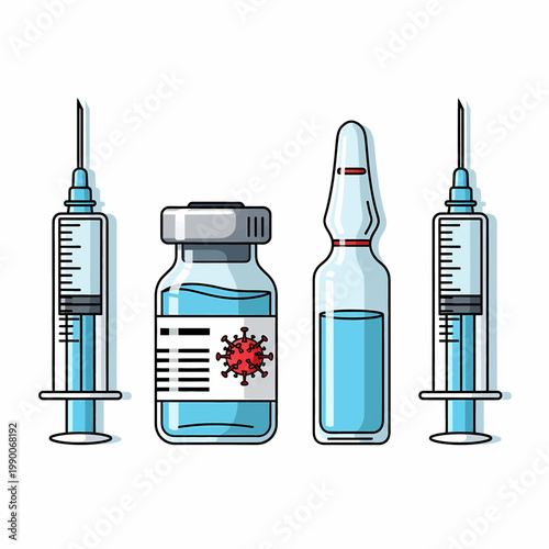 Medical vaccination kit with virus vaccine bottle glass ampoule and hypodermic syringes
