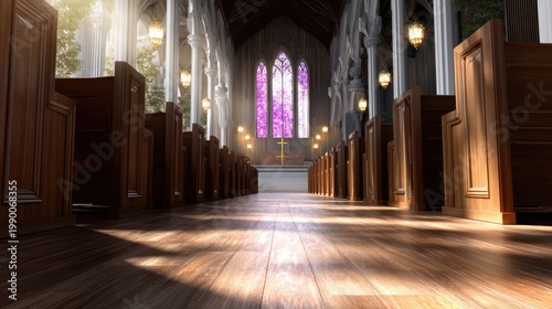 Serene Interior of a Beautiful Church with Wooden Pews and Colorful Stained Glass Windows Illuminating the Space