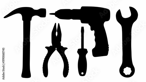 Collection of five black silhouette icons representing essential tools hammer pliers screwdriver power drill and wrench isolated on a clean white background for versatile design