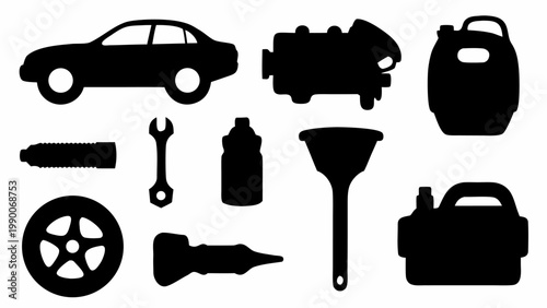 Comprehensive automotive service and repair icons set featuring a sedan car engine components wrench funnel oil cans and various mechanical tools presented in clean silhouette