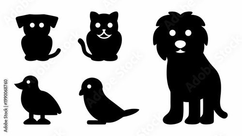 Diverse collection of stylized animal silhouettes including pets like dogs and cats alongside wild birds presented against a clean white background for versatile graphic design