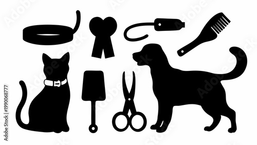 Comprehensive pet care icons set featuring silhouettes of dog and cat with grooming tools collar leash and veterinary symbols for animal services and health concepts