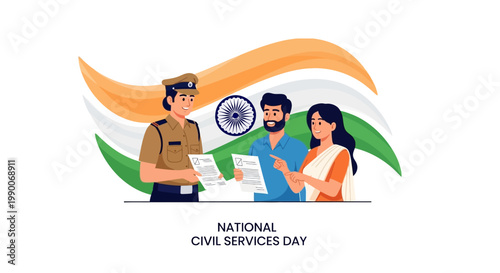 National Civil Services Day in India is represented with a vector illustration showing a civil servant in uniform assisting a man and woman against the backdrop of the Indian flag