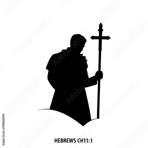 Silhouette of a man holding a cross staff with biblical text faith