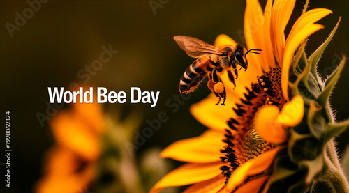 Closeup of a bee collecting pollen from a vibrant sunflower on world bee day celebration concept