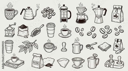 A comprehensive collection of hand-drawn illustrations depicting various coffee-related items and brewing methods, showcasing the art of coffee preparation.