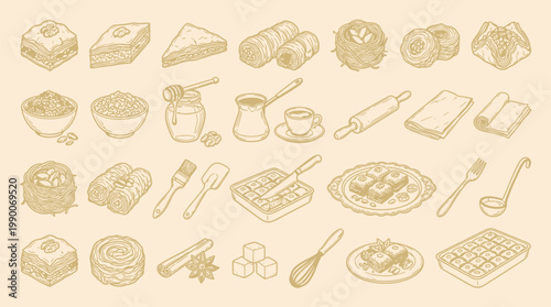 A detailed of a variety of traditional Middle Eastern and Mediterranean desserts, including baklava, pastries, and sweet treats, presented on a warm, neutral background.